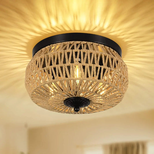 3 Lamp Woven Rattan Recessed Chandelier Lamp Fixture With Handmade Cage Lampshade For Bedroom, Kitchen, Hallway, Porch   Unavailable Platforms- Welfel - Nova Store